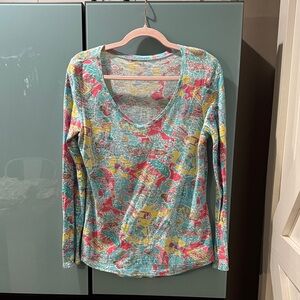 Lilly Pulitzer Teal Multi-Color V-Neck Long Sleeve Top